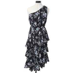 NWT Petal & Pup Brigette Black Floral One-Shoulder Tiered Midi Dress Size M